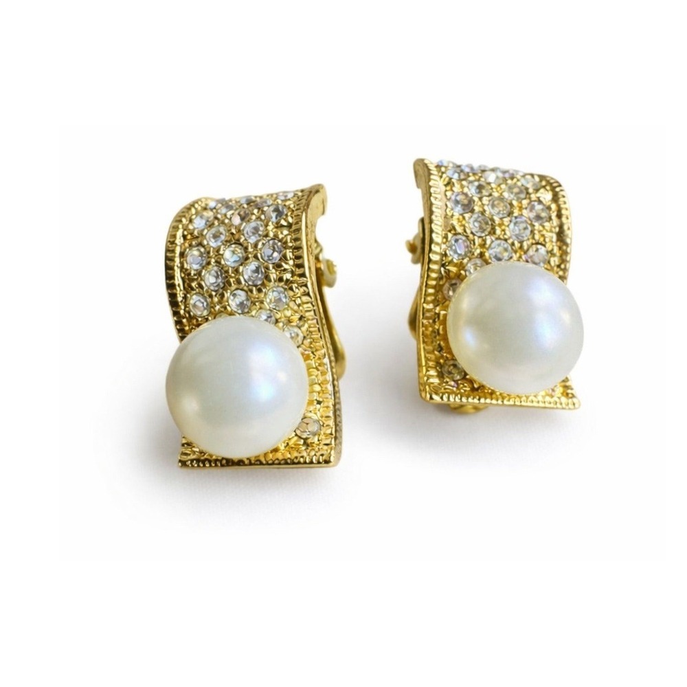 Retro Faux Pearl Rhinestone Clip On Earrings Gold Tone Statement Curved Pavé